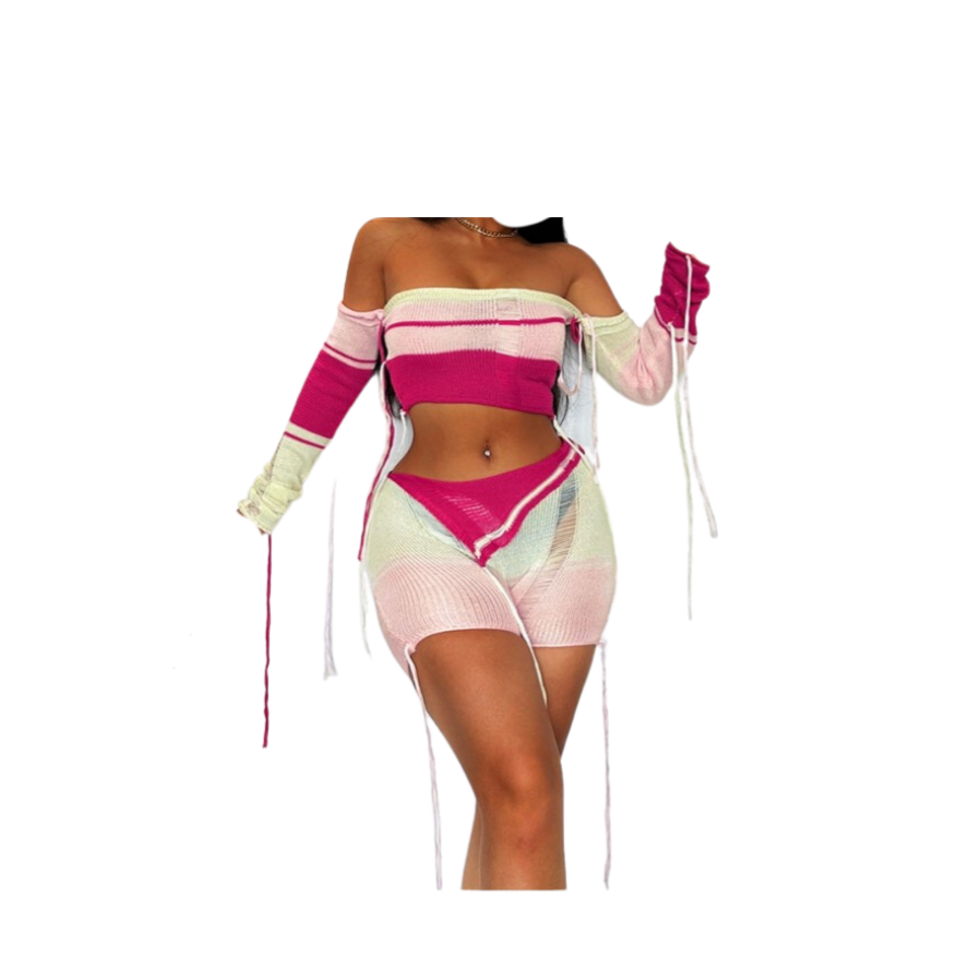 "Pinkie" Off-Shoulder Knit Shorts Set