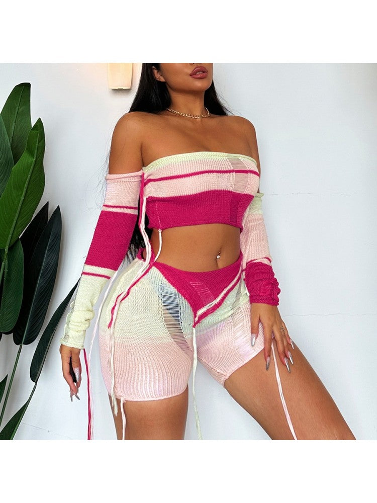 "Pinkie" Off-Shoulder Knit Shorts Set